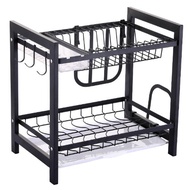 [VOZIO]-2 Tier Stainless Steel Kitchen Dish Rack with Tray For Dish Plate Bowl Storage Rack (Black)-
