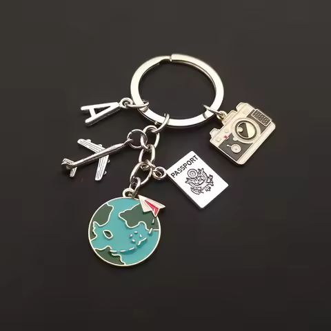 New Fashion A-Z Letter Journey Keychain Enamel Aircraft Earth Camera Keychain Trend DIY Handmade Car