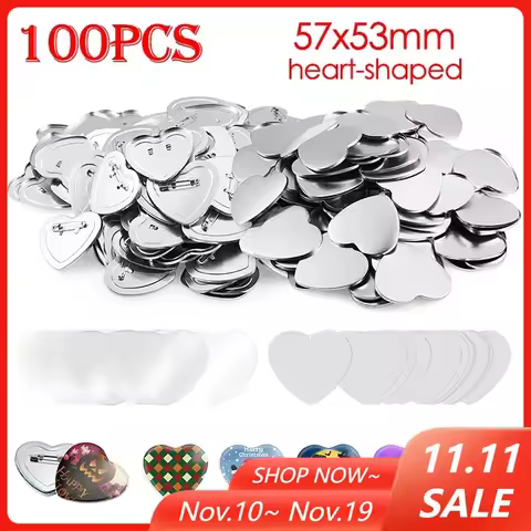 100PCS Heart Shaped Blank Badge Pin Button Maker Parts 57x53mm DIY Badge Maker Pin Materials for Bad