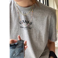 Ganni 25 Spring Summer New Style Round Neck Letter Printed Short-Sleeved Top T-Shirt Summer Pure Cot