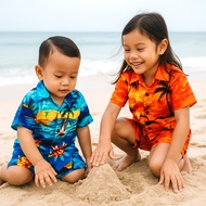 KEMEJA Bahamas Coconut Pattern Children's Beach Shirt Set