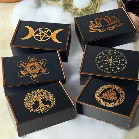 Tarot Cards Storage Box Wooden Lotus Printed Storage Box Crystals Jewelry Astrology Dice Playing Car