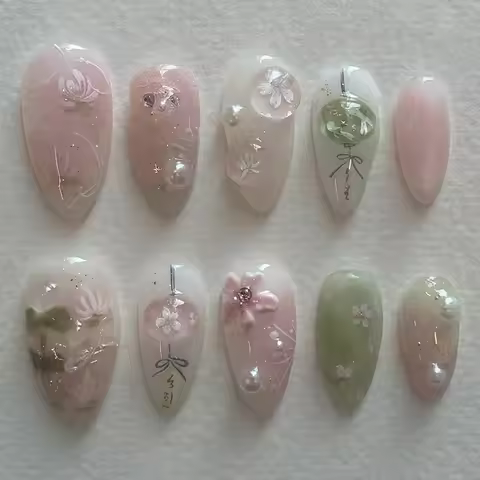 24PC Gradient Black False Nails Cute Cartoon Cat's Eye Orchid Little Flower Press On Nail Glossy Alm