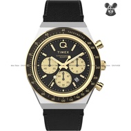 TIMEX TW2W64300 Men's Analog Watch Q Timex Chronograph Gold Accents Quartz 40mm Leather Strap Black 