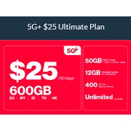 Singtel Prepaid $25 5G+ Ultimate (30 Days) | 600GB 5G | 62GB Roaming | Unlimited / Top Up / Recharge