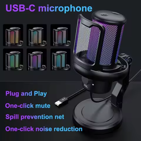 USB Microphone for PC Condenser Podcast Mic for Studio Recording with Headphone Jack, Led, Noise Can
