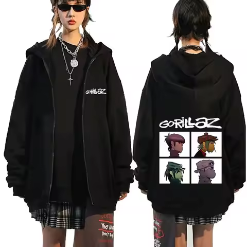 Rock Band Gorillaz Demon Days Album Graphic Zipper Hoodie Men Women Hip Hop Gothic Alternative Vinta