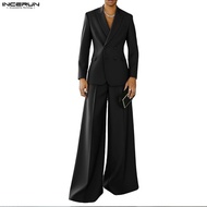 INCERUN men's long sleeved suit jacket+long pants set men's fashionable velvet minimalist two-piece 