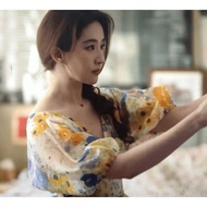 Liu Yifei Star 2024 New Fashion Floral Skirt French Sweet V-Neck Puff Sleeve A-Line 5.5