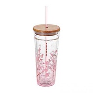 韓國星巴克杯子2020櫻花粉木蓋雙層耐熱玻璃吸管杯咖啡喝水591ml