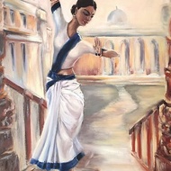 陽光下穿著白色紗麗跳舞的印度女孩原畫具象藝術