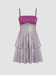 Cider Satin Patchy Metallic Cami Short Dress