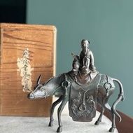 老件 銅製尊者騎驢吟詩 香爐 附梧桐木盒