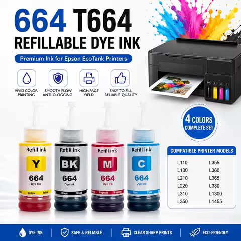 1Set 664 Refillable Dye Ink for Epson Eco Tank L210 L220 L360 L380 L355 L365 L310 L130 L110 L350 L13
