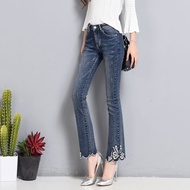 Bellbottoms female pants nine Korean fall 2017 new slim slim denim pants long boot flash embroidery