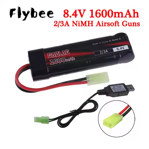 8.4V Airsoft Guns Battery With USB Charger 2/3A 8.4V 1600mAh NiMH Flat Battery Pack for MP5, Scar, M