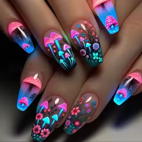 Press on Nails with Mushroom Designs False Nails Medium Coffin Press on Nails French Wearable Fake T