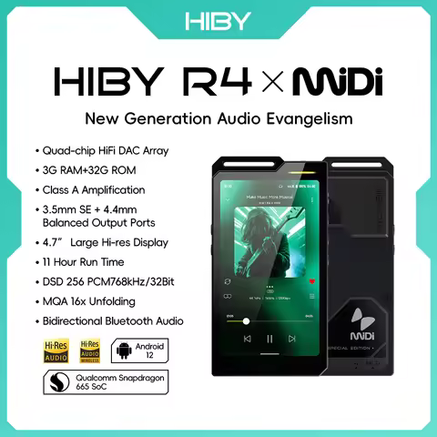 HiBy R4 MiDi Version ES9018Q2M*4 Android 12 HiFi Music Player MP3 Audio Bluetooth WiFi DSD256 MQA 16