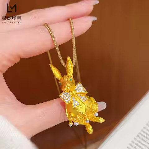 Hollow Bow Rabbit Pendant Women's 24K Gold AU999 - 3D bow rabbit pendant, distinct outline for stunn