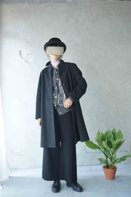 尋寶古著-PURE CASHMERE深灰喀什米爾羊絨立領質感長版大衣