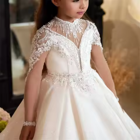 Customized White Flower Girl Dress For Wedding Glitter Beading Peals Long Sleeve Floor Length Kids B