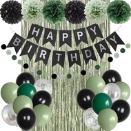 ANSOMO Sage Green and Black Happy Birthday Party Decorations Banner Men Boys Him Balloons Foil Curta