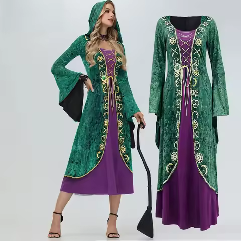 Woman Halloween Hocus Pocus Winifred Sanderson Dress Green Pattern Halloween Costume Hood Medieval D