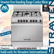 Straaten Free Standing Cooker 80 cm ST85VEFXGG-PRO 5 Burners Cast Iron Pan Support 8 Settings Electric Oven Stainless Steel with Glass Cover