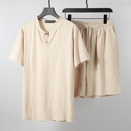 Men's Clothing plus-Sized Cotton and Linen Chinese Style Short Sleeve Pants Suit Linen Fat Guy T-shi