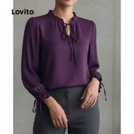 Lovito Blaus Wanita Elegan Polos Bertali Leher Lengan Bishop Musim Gugur Dingin LBL24434