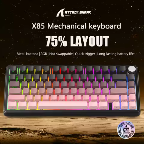 ATTACK SHARK X85 RGB Gradient Engraved PBT Keycaps Aluminum Alloy Multimedia Knob 3-Mode Mechanical