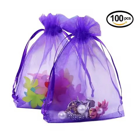 Purple 100pcs Organza Bag Jewelry Packaging Bags7x9 9x12 11x16 13x18CM Drawable Bags Gift Pouches Ca