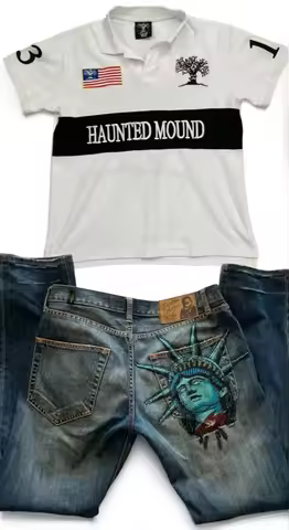 Haunted Mound and Liberty Pants Set Rhinestone Y2k Jeans Polo Tracksuit T Shirt For Men Streetwear H