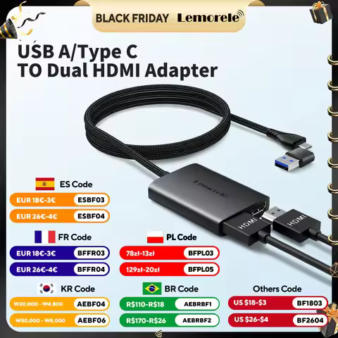 Lemorele Type C/USB3.0 to Dual HDMI Adapter 1080P 60Hz Extend 2 Different Screen for Apple M1 M2 Mac