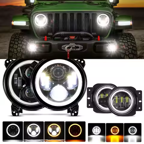 9 Inch LED Headlights with Integrated DRL Turn Signal Low High Beam Halo Ring for Jeep Wrangler JL M