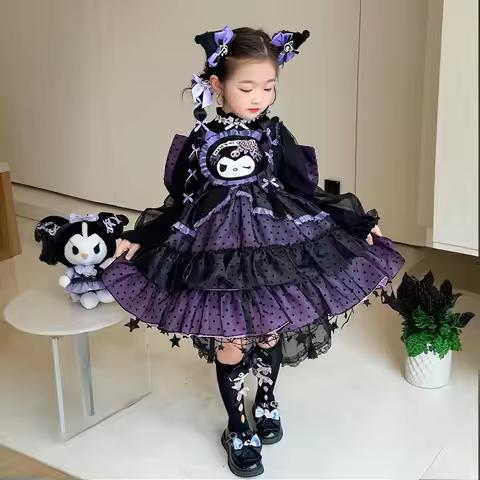 Anime Kuromi Princess Lolita Dress Kids Birthday Puffy Skirt Girl Party Dress Sweet Ball Gown Layere