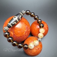 贵人老天珠茶晶手串 Tai yan Tibetan Dzi beads Smoky Quartz Bracelet 16cm