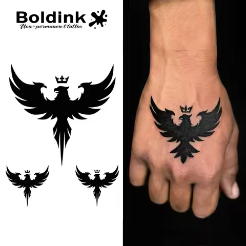 Boldink King Eagle Tattoo Patch | Triple Eagle Crown Totem Design | Non Permanent Waterproof Tattoo