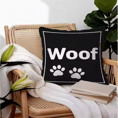 Black White Woof Paw Print Throw Pillow, 18x18 Inch Soft Cushion, Includes Pillow Core, Decorative P
