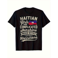 Haitian Funny Graphic T-Shirt - Black Tee With Sunshine Mixed With A Hurricane Slogan & Haitian Flag
