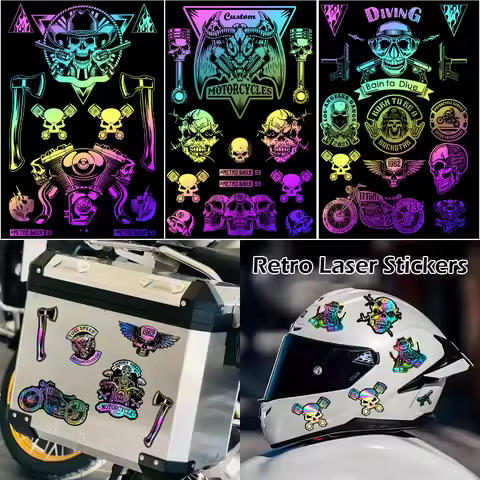 Retro Skull Rider Laser Rainbow Motorcycle Stickers Moto Bike Body Helmet Decals Accessories for Har
