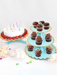 1入創意一次性多層紙蛋糕架,三層金色印花烘焙甜點架,適用於婚禮和生日派對裝飾。