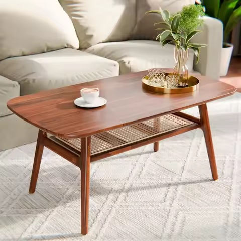 Nancy Solid Acacia Wood Coffee Table for Living Room, Spacious Oval-Shaped 237 Lbs Top Capacity, Rat