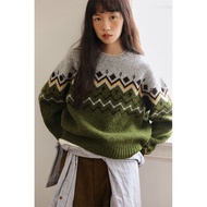 Oldtimes Geometric Pattern สีดำ Dot สองด้าน งานปัก คอกลม เสื้อสเวตเตอร์ Nordic Fantasy W5861 ผู้หญิง