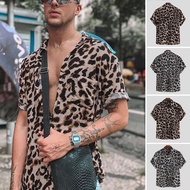 XMAN Mens Casual Stylish Leopard Printed Short Sleeve Lapel Top