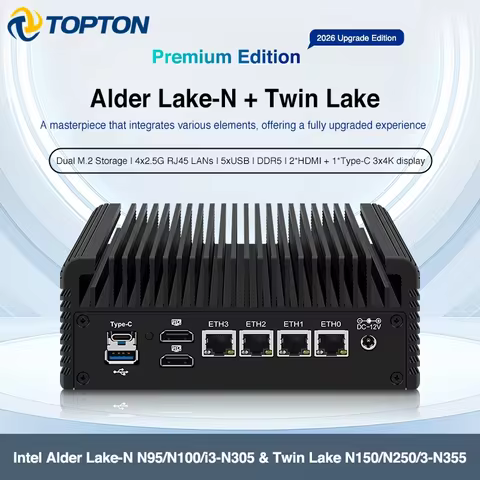 Topton Fanless NAS Mini PC Intel i3 N355 N305 N150 N95 4x2.5G LANs DDR5 NVMe IOT Mini Firewall Compu