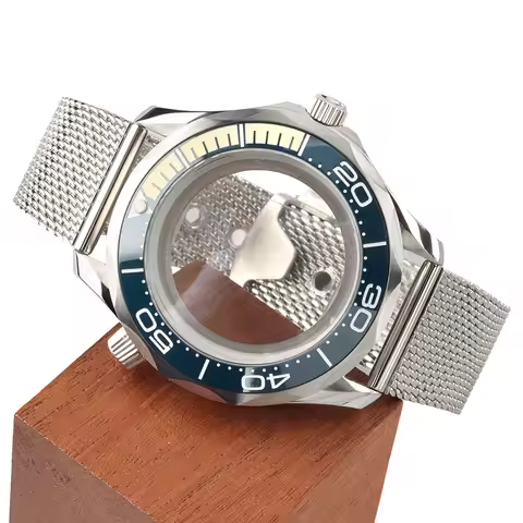 41mm Silvery Mesh Bracelet Strap Watch Case Fit Seamaster 300 Seiko NH35 NH36 Movement Waterproof 10