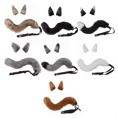 T8NB 3 Pieces Animal Roleplay Furry Set Puppy Ears Headwear Long Fur Wolf Tail