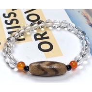 Tibetan Dzi Beads Water Patterns Dzi Beads With Clear Quartz Bracelet 藏传老矿水纹天珠配白水晶手链26.5x10.4mm