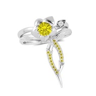 黃寶石14k鑽石訂婚結婚戒指套裝 花卉白金戒指組合 蘭花藤蔓戒指